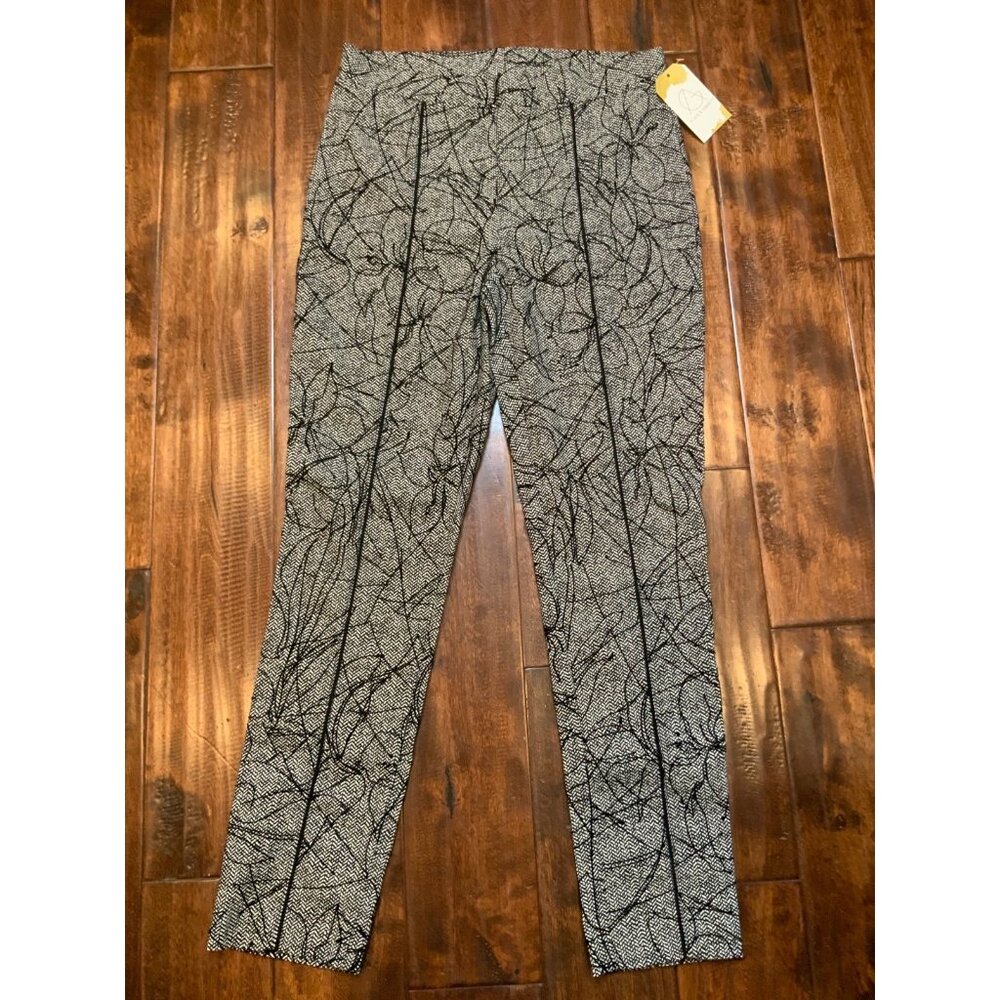 Joseph Ribkoff Black White Herringbone Pants W/ Velvet Floral Embroidery Size 10
